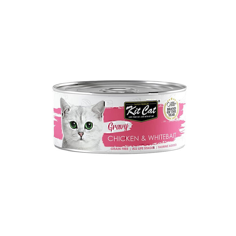 کنسرو غذای گربه کیت کت با طعم مرغ و بچه ماهی KitCat Chicken & Whitebait In Gravy وزن 70 گرم