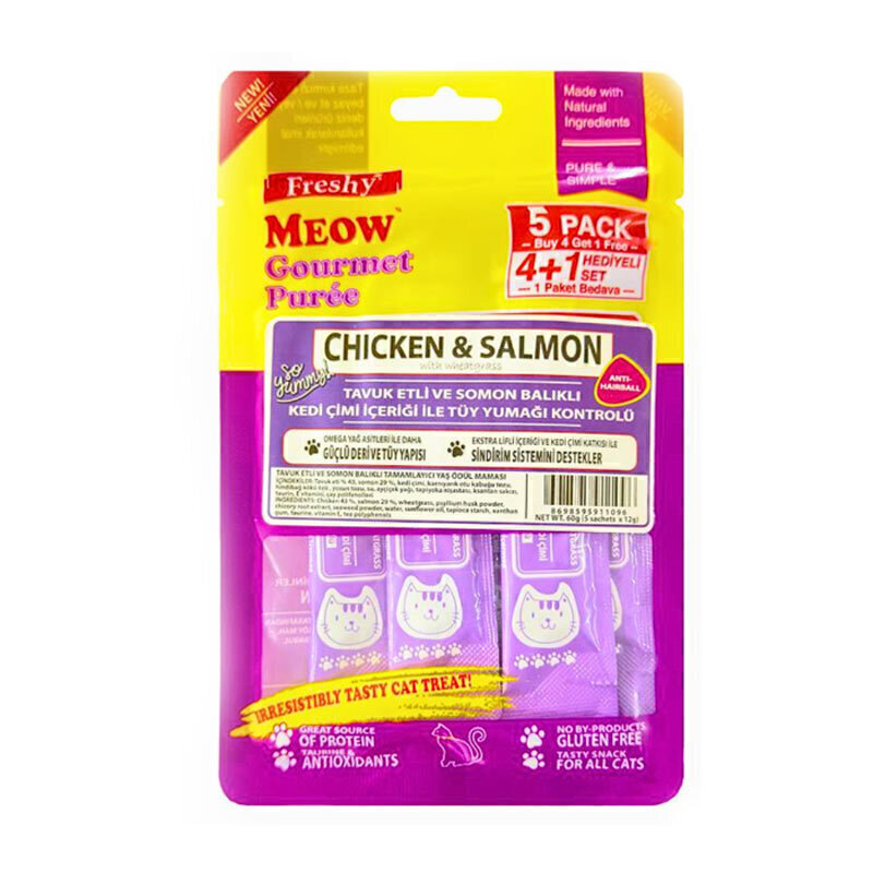 بستنی گربه ضد گلوله مویی با طعم مرغ و ماهی سالمون فرشی Freshy Puree Chicken & Salmon بسته 5 عددی