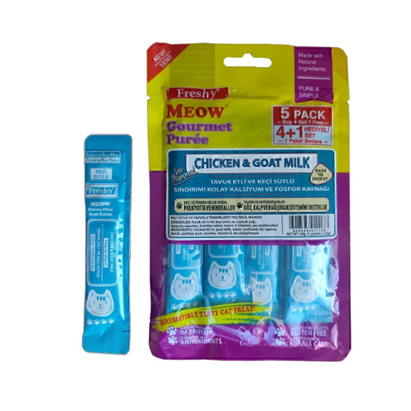 بستنی گربه قابل هضم آسان با طعم مرغ و شیر بز فرشی Freshy Puree Chicken & Goat Milk بسته 5 عددی