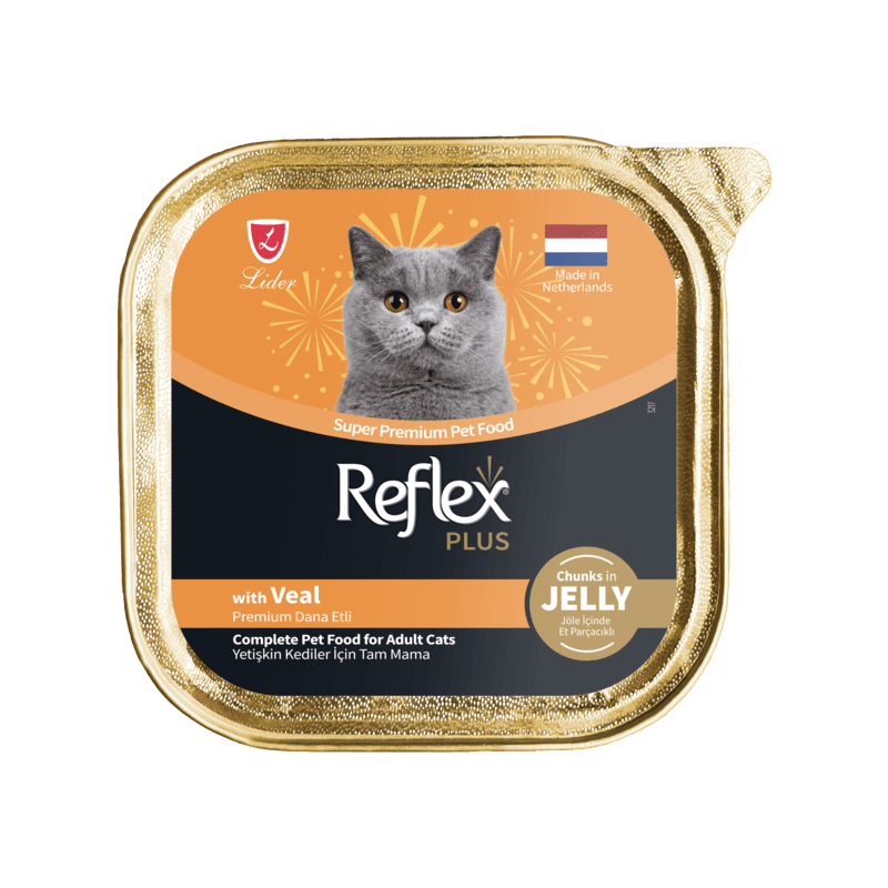 غذای کاسه ای گربه رفلکس پلاس با طعم گوشت گوساله در ژله Reflex Plus Super Premium with Veal In Jelly وزن 85 گرم