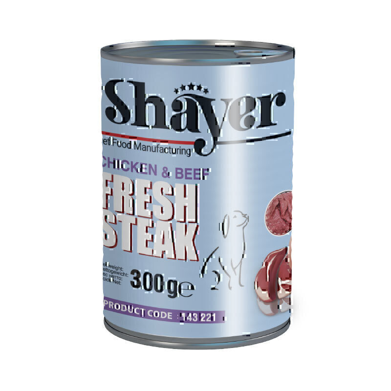 کنسرو غذای سگ استیک با طعم گوشت و مرغ شایر Shayer Fresh Steak Beef & Chicken وزن 300 گرم