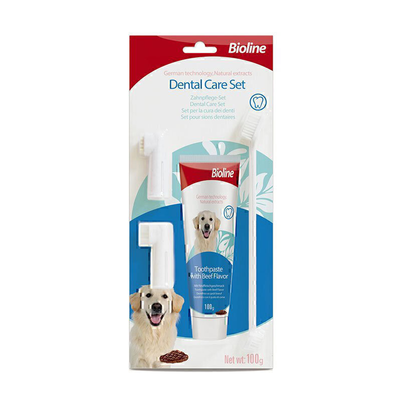 ست مسواک و خمیردندان سگ بایولاین با طعم گوشت Bioline Dental Oral Care Kit With Beef Flavor وزن 100 گرم