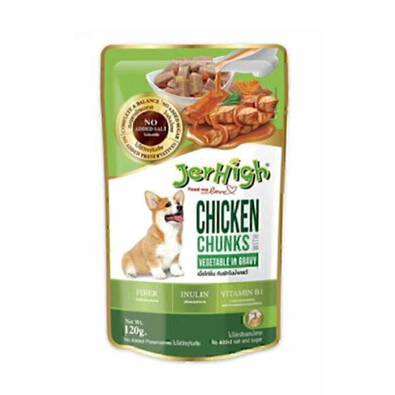 پوچ سگ جرهای با طعم مرغ و سبزیجات JerHigh Chicken And Vegetable Chunks In Gravy وزن 120 گرم